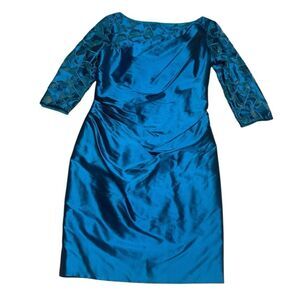 🔥VINTAGE MARISA BARATELLI SILK blue 3/4 mesh sleeve ruched knee length dress sz8